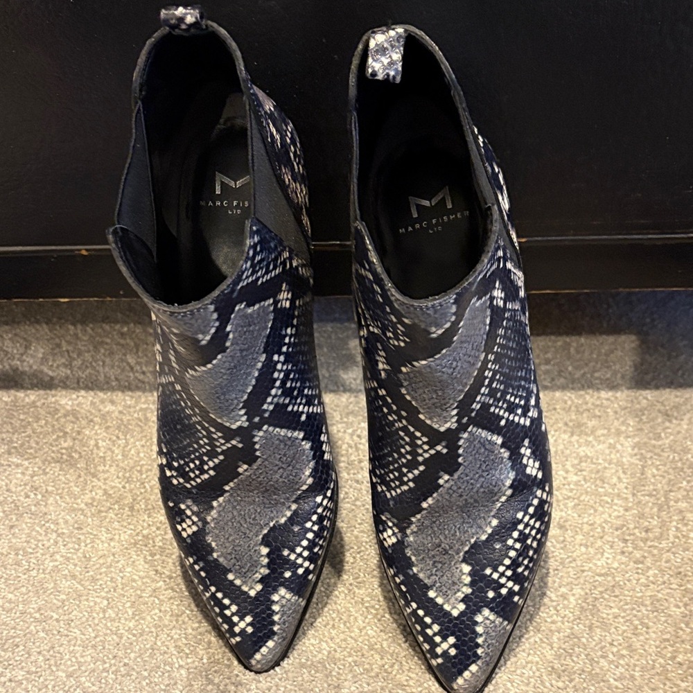 Marc Fisher Navy and Gray Snakeskin Ankle Boots